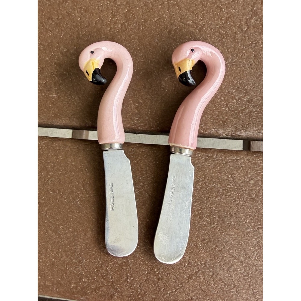2 Flamingo Cheese Spreaders, Hand-Painted Stainless Steel Blades Korea